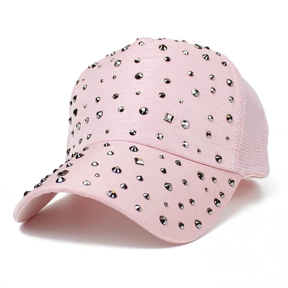 Pink Mesh Bling Baseball Cap with Diamond Design Adjustable Sports Cap